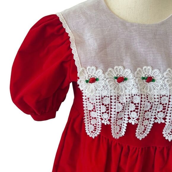 Vintage Girls Red Velvet + White Lace Embroidered Dress - Picture 2 of 6